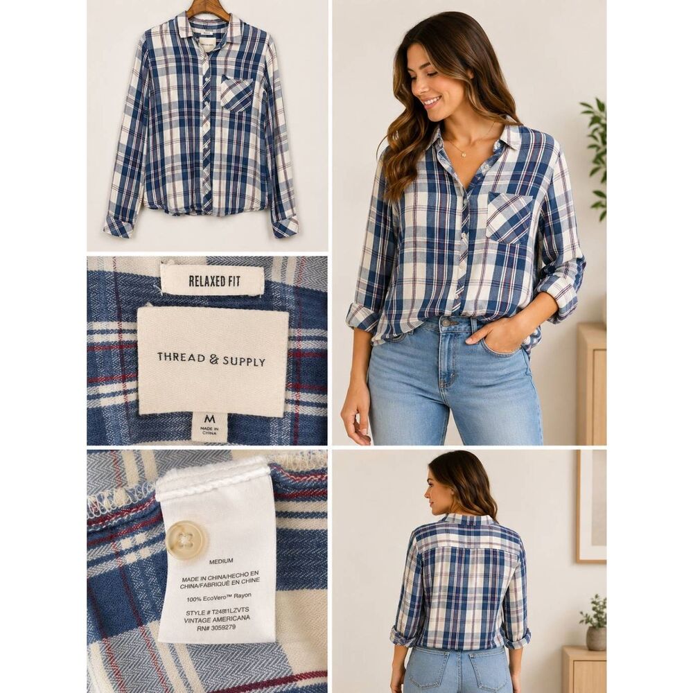 Thread & Supply Plaid Button Shirt M Relaxed Fit